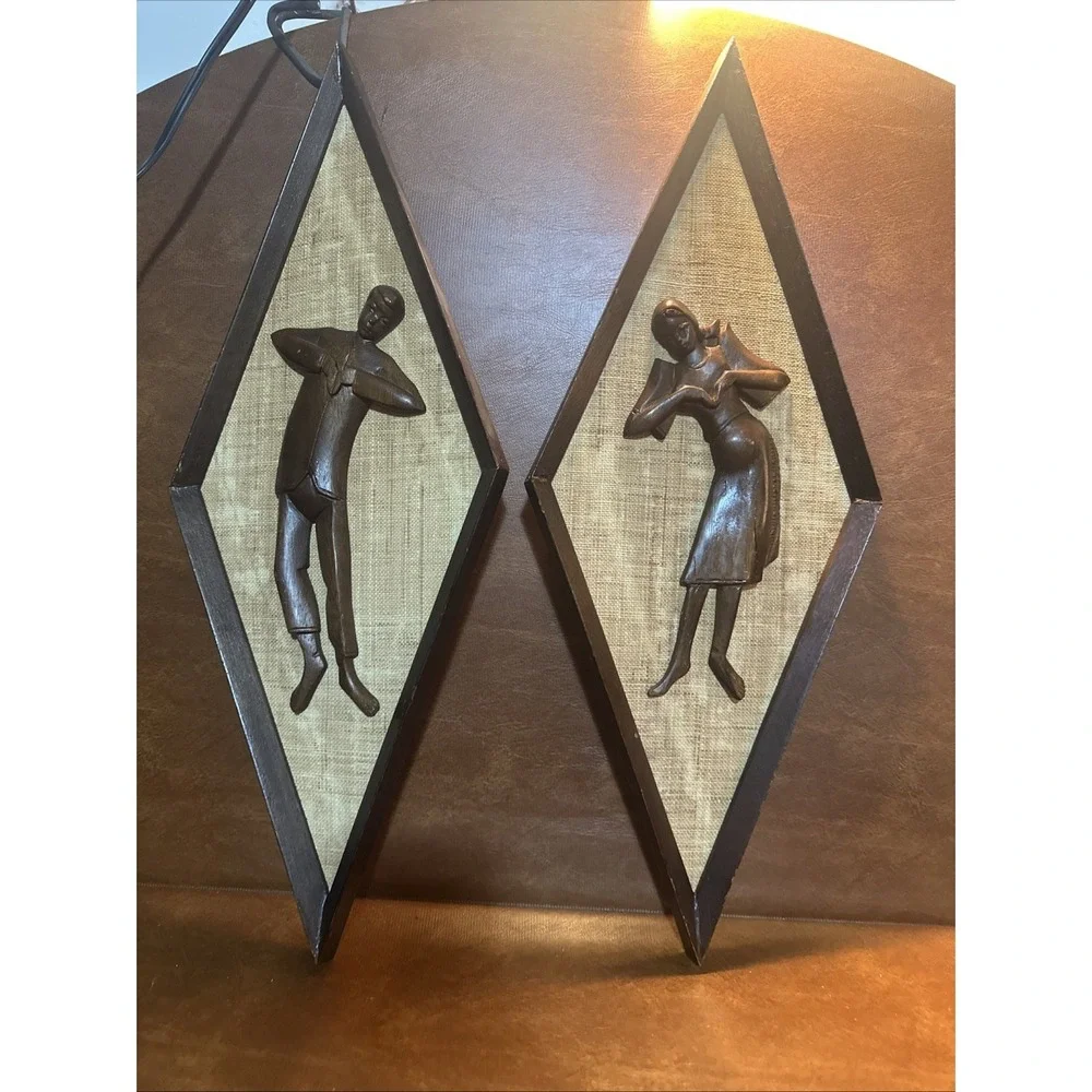 Vintage Mid Century Style Carved Wall Art Burlap Teak Wood 24